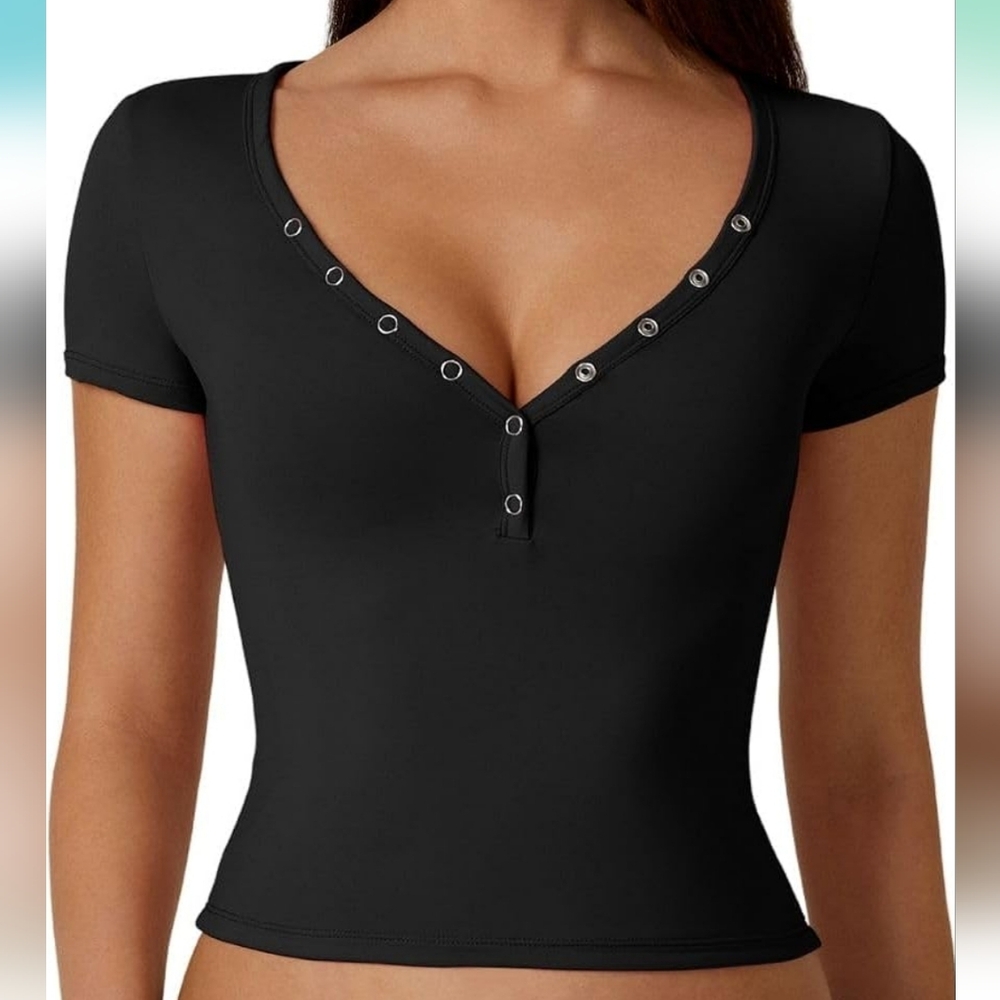 Women's Sexy Short Sleeve Henley Double Lined Button Up Slim Fit